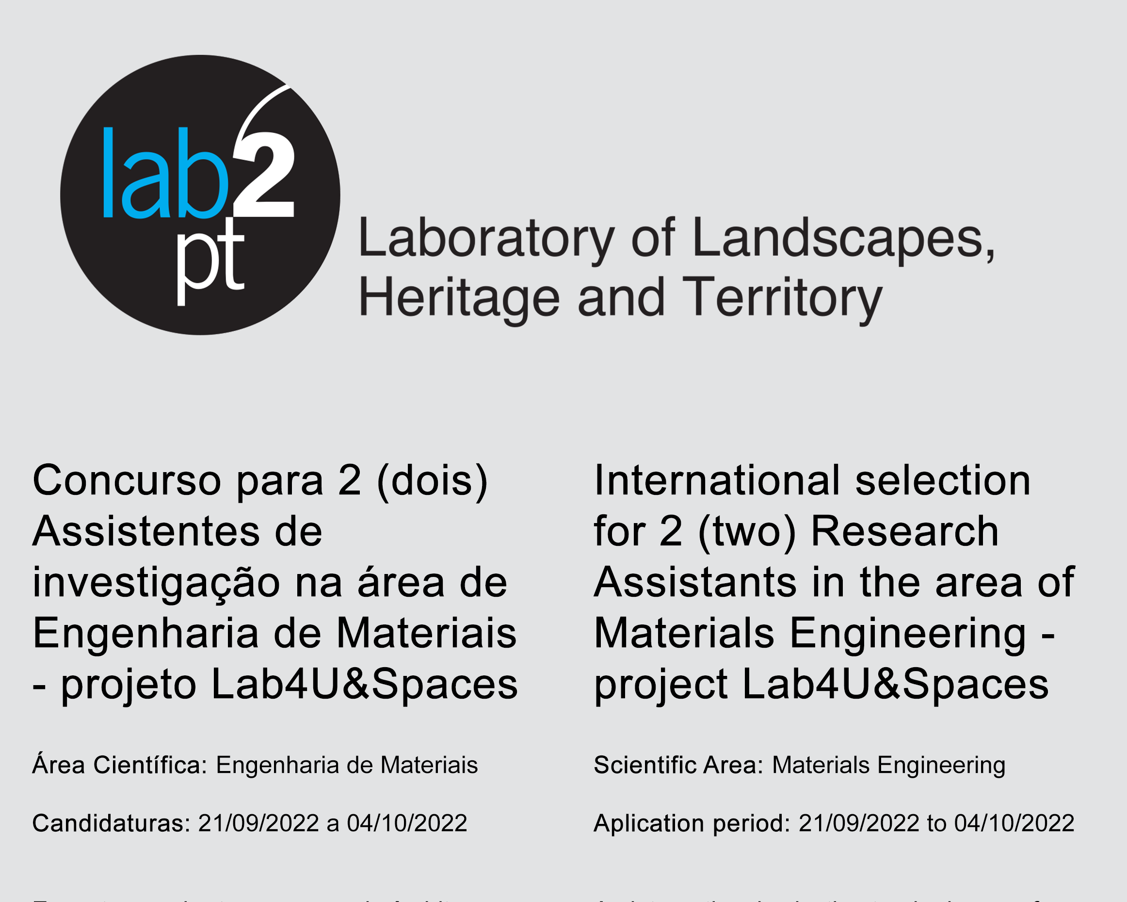 Concurso para 2 (dois) Assistentes de investigação na área de Engenharia de Materiais - projeto Lab4U&Spaces image
